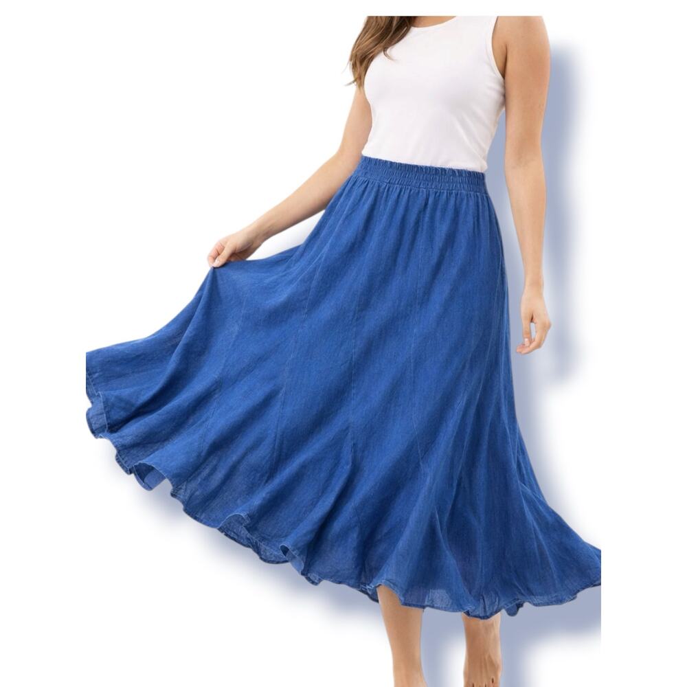 Vintage Alfredos Wife Blue Maxi Skirt Flowy A Line Elastic Waist Boho Modest